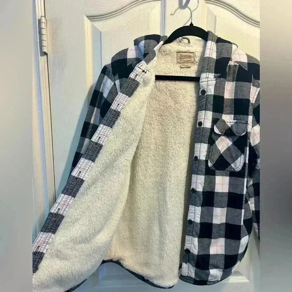 💗🖤”Boston Traders” Flannel Fleece Lined Hooded Shacket Pink/Black/White Sz S🖤 - Picture 10 of 16